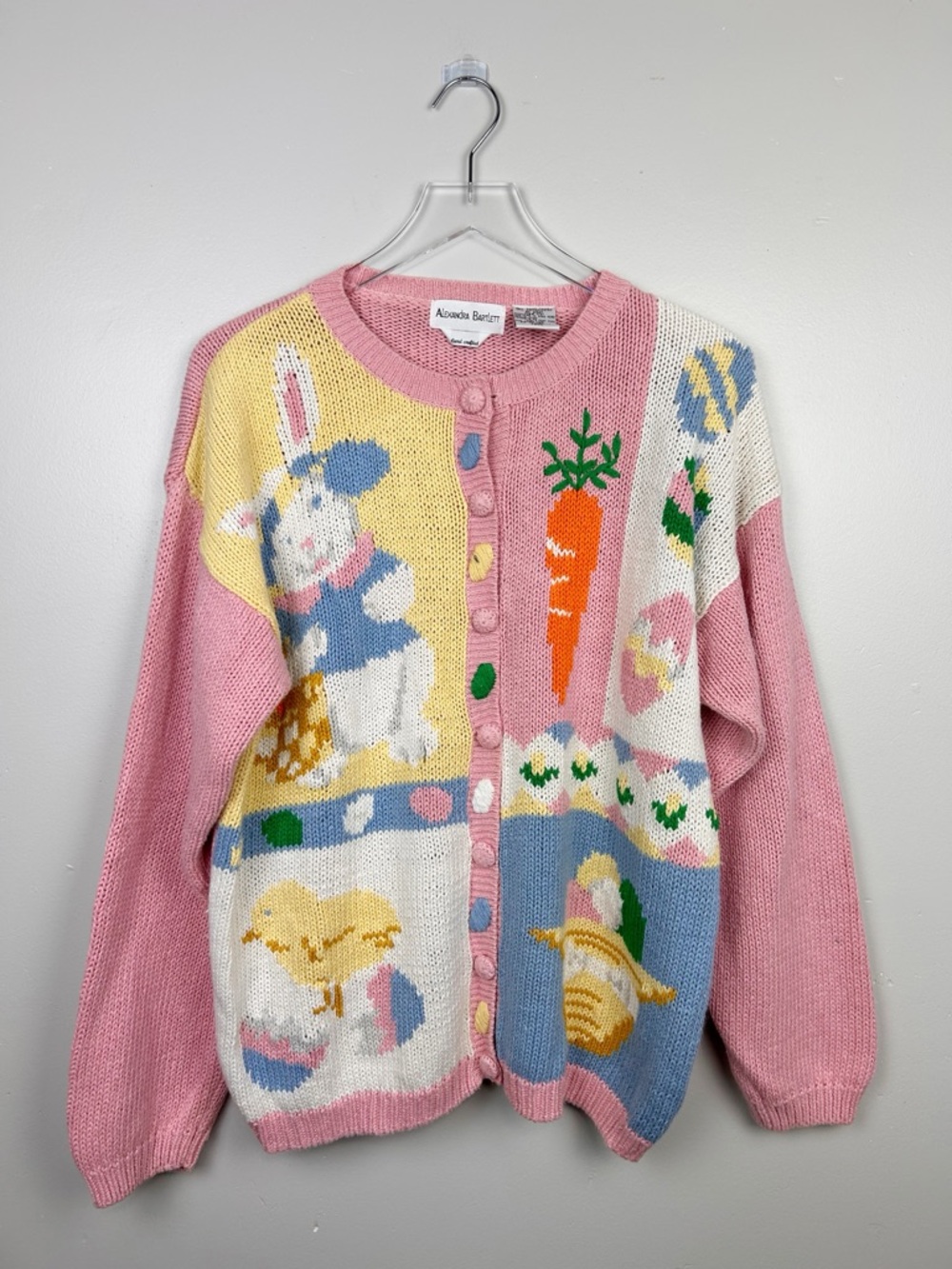 Vintage Alexandra Bartlett Easter Sweater Cardigan Sprung Bunny Eggs Pink Sz XL